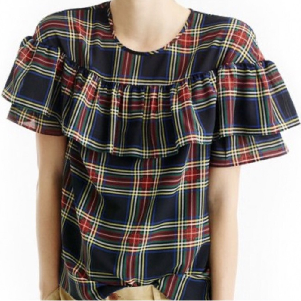 J. Crew Edie Stewart Tartan Plaid Ruffle Short Sleeve Blouse Size 10 - Picture 12 of 13